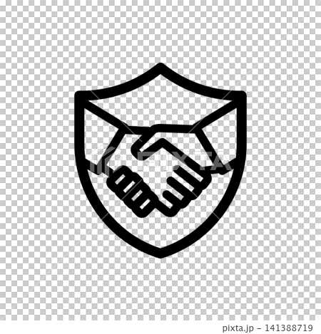 Handshake shield icon representing secure deal, trusted partnership, or contract protection. Minimalist black outline graphic. Handshake shield icon representing secure deal, trusted partnership, or contract protection. Minimalist black outline graphic. 141388719