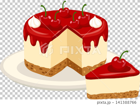 Cherry Cheesecake Slice and Whole Cake on Plate Cartoon Dessert Cherry Cheesecake Slice and Whole Cake on Plate Cartoon Dessert 141388766