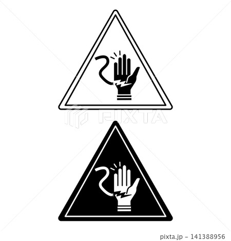 Electrical Hazard Signs. Black and White Vector Icons. Hand injury from electric current. Danger Warning Sign Electrical Hazard Signs. Black and White Vector Icons. Hand injury from electric current. Danger Warning Sign 141388956
