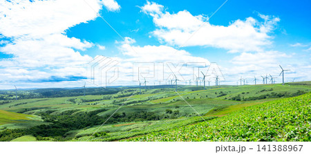 夏の北海道稚内市宗谷丘陵にある国内最大級の風力発電所がある風景 夏の北海道稚内市宗谷丘陵にある国内最大級の風力発電所がある風景 141388967