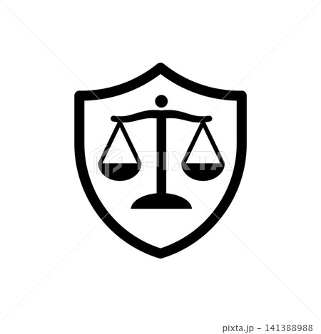 Scales of justice shield icon representing legal protection, law security, or court defense. Minimalist black line art. Scales of justice shield icon representing legal protection, law security, or court defense. Minimalist black line art. 141388988