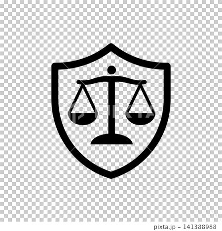 Scales of justice shield icon representing legal protection, law security, or court defense. Minimalist black line art. Scales of justice shield icon representing legal protection, law security, or court defense. Minimalist black line art. 141388988