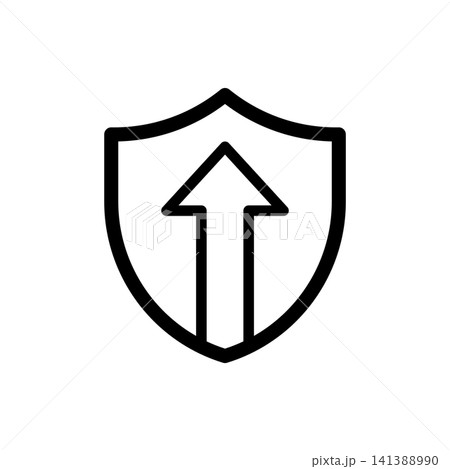 Long arrow up shield icon for forward defense, upward progress, or skyward protection. Minimalist uniform black line art. Long arrow up shield icon for forward defense, upward progress, or skyward protection. Minimalist uniform black line art. 141388990