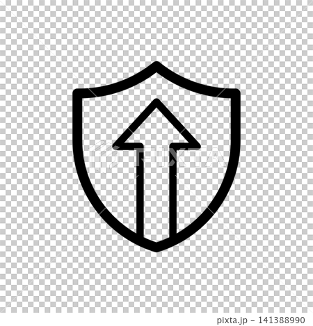 Long arrow up shield icon for forward defense, upward progress, or skyward protection. Minimalist uniform black line art. Long arrow up shield icon for forward defense, upward progress, or skyward protection. Minimalist uniform black line art. 141388990
