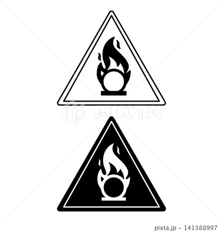Oxidizer signs. Black and White Vector Icons. Combustible Substances and Chemicals that Oxidize. Danger Warning Sign Oxidizer signs. Black and White Vector Icons. Combustible Substances and Chemicals that Oxidize. Danger Warning Sign 141388997