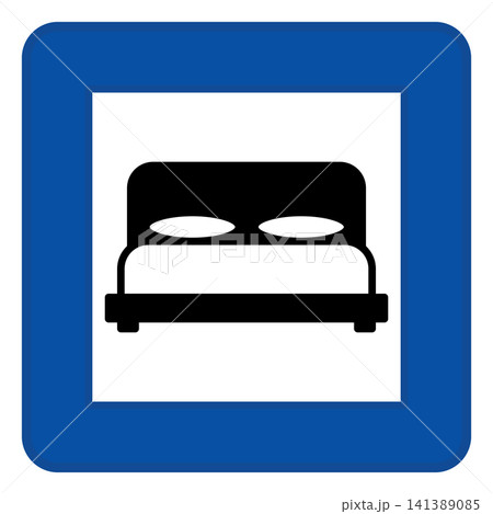 Blue Sign Motorway Hotel. Square Road Sign. Warning of Nearby Rest Hostel. Vector Icons Blue Sign Motorway Hotel. Square Road Sign. Warning of Nearby Rest Hostel. Vector Icons 141389085