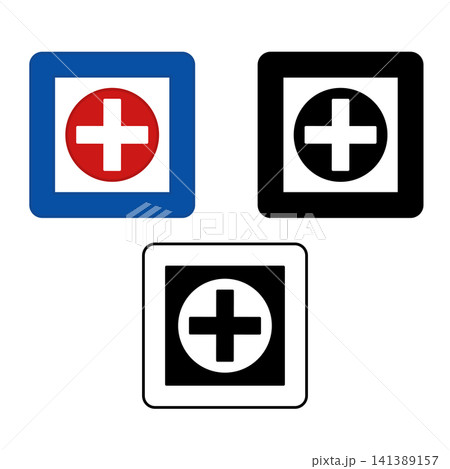 Signs First Aid Station. Blue Square Road Signs. Shows the Driver the Location of the Institution Where to Receive First Aid. Black and White Vector Icons Signs First Aid Station. Blue Square Road Signs. Shows the Driver the Location of the Institution Where to Receive First Aid. Black and White Vector Icons 141389157