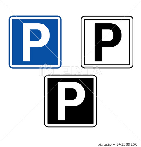 Signs Parking. Blue Square Road Signs. Shows Driver Where to Park Car. Black and White Vector Icons 141389160