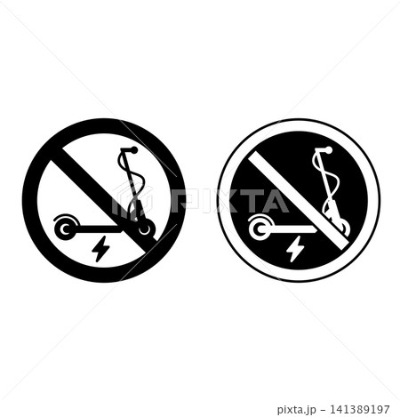 Electric Scooter Forbidden Signs. Round Prohibitory Road Sign. Black and White Vector Icons 141389197