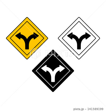 Fork in the Road Signs. Yellow Road Sign. Black and White Vector Icons Fork in the Road Signs. Yellow Road Sign. Black and White Vector Icons 141389199