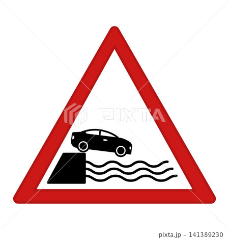 Departure to Embankment Red Sign. Danger Road Sign. Car Falling into Water. Driver Warning. Vector Icons Departure to Embankment Red Sign. Danger Road Sign. Car Falling into Water. Driver Warning. Vector Icons 141389230