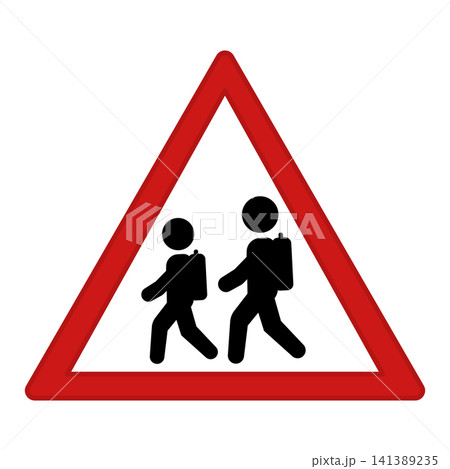 Red Sign Caution School Crossing. Warning Road Sign. Children With School Backpacks Going To School. Vector Icons 141389235