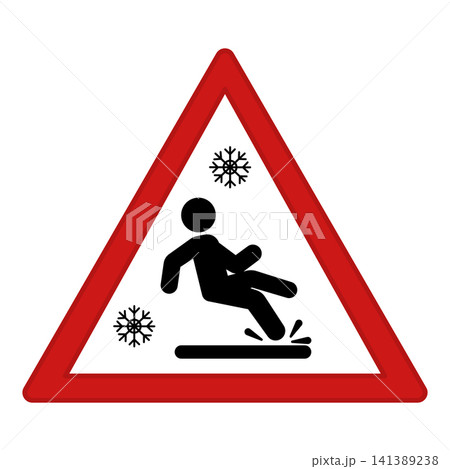 Red Sign Slippery Road. Warning Road Sign. Man Falling on Winter Slippery Road. Vector Icons Red Sign Slippery Road. Warning Road Sign. Man Falling on Winter Slippery Road. Vector Icons 141389238