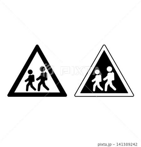 Signs Caution School Crossing. Warning Road Sign. Children With School Backpacks Going To School. Black and White Vector Icons Signs Caution School Crossing. Warning Road Sign. Children With School Backpacks Going To School. Black and White Vector Icons 141389242