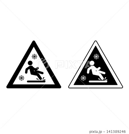 Signs Slippery Road. Warning Road Sign. Man Falling on Winter Slippery Road. Black and White Vector Icons 141389246
