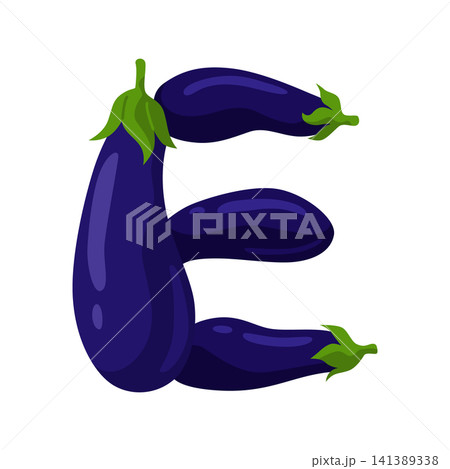 Uppercase letter E built from three purple eggplants with green calyxes, arranged as playful vegetable alphabet illustration on clean white background for education, packaging, branding and food Uppercase letter E built from three purple eggplants with green calyxes, arranged as playful vegetable alphabet illustration on clean white background for education, packaging, branding and food 141389338