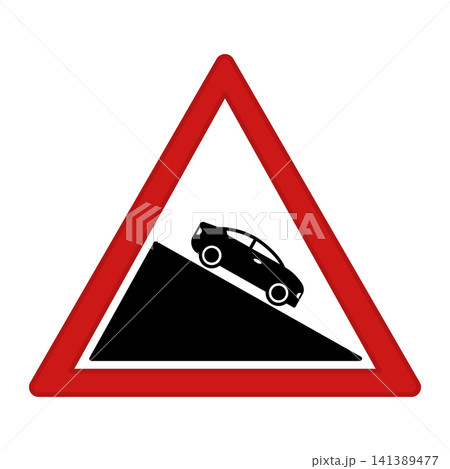Red Sign Steep Descent. Warning Road Sign. Car Driving Down. Vector Icon Red Sign Steep Descent. Warning Road Sign. Car Driving Down. Vector Icon 141389477