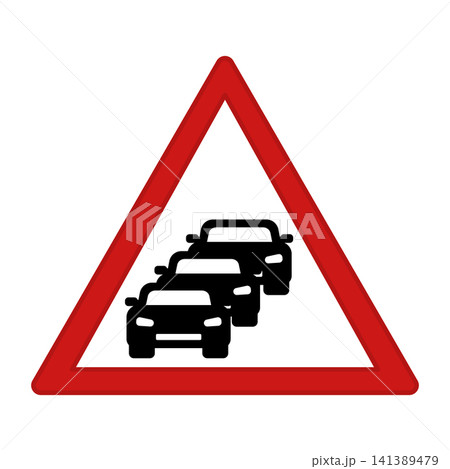 Red Sign Traffic Jam. Prohibitory Road Sign. Accumulation of Cars on the Road. Vector Icon Red Sign Traffic Jam. Prohibitory Road Sign. Accumulation of Cars on the Road. Vector Icon 141389479