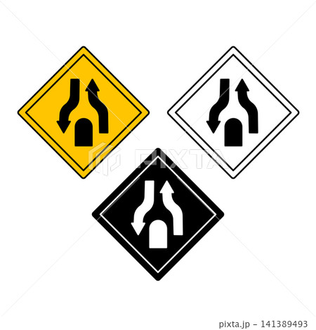 End Divided Road Signs. Warning Road Signs. Yellow, Black, and White Vector Icons 141389493