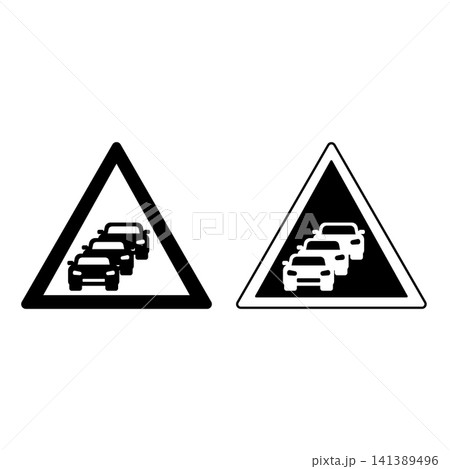 Signs Traffic Jam. Prohibitory Road Signs. Accumulation of Cars on the Road. Black and White Vector Icons 141389496