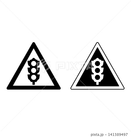 Signs Traffic Signals Ahead. Warning Road Signs. Black and White Vector Icons Signs Traffic Signals Ahead. Warning Road Signs. Black and White Vector Icons 141389497