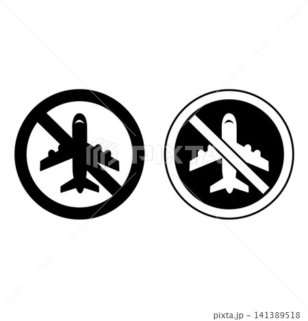 Signs No Flying. Prohibitory Round Road Signs. Airplane Taking Off. Black and White Vector Icons 141389518