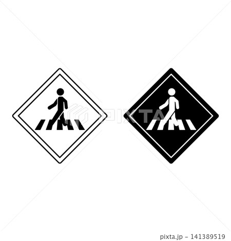 Signs Pedestrian Crossing. Warning Road Signs. Man Crossing Road on Zebra. Black and White Vector Icons Signs Pedestrian Crossing. Warning Road Signs. Man Crossing Road on Zebra. Black and White Vector Icons 141389519
