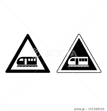 Signs Train. Warning Road Signs. Railway Station. Black And White Vector Icons Signs Train. Warning Road Signs. Railway Station. Black And White Vector Icons 141389520