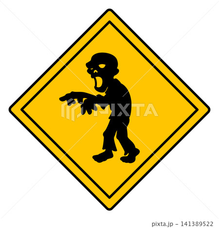 Yellow Sign Beware of Zombies. Warning Road Sign. Humorous Sticker. Vector Icon 141389522