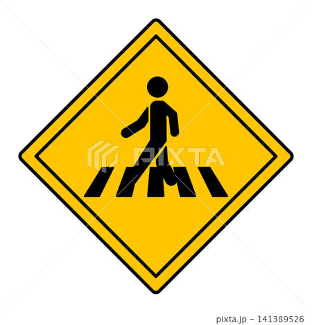 Yellow Sign Pedestrian Crossing. Warning Road Sign. Man Crossing Road on Zebra. Vector Icon 141389526