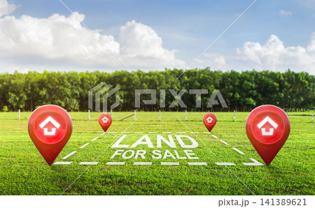 Land plot management - real estate concept with a vacant land on a green field available for building construction and housing subdivision in a residential area for sale. Land plot management - real estate concept with a vacant land on a green field available for building construction and housing subdivision in a residential area for sale. 141389621
