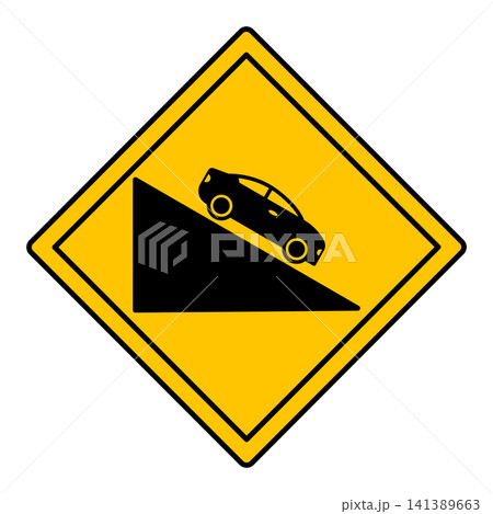 Yellow Sign Steep Descent. Warning Diamond Road Sign. Car Driving Down. Vector Icon 141389663