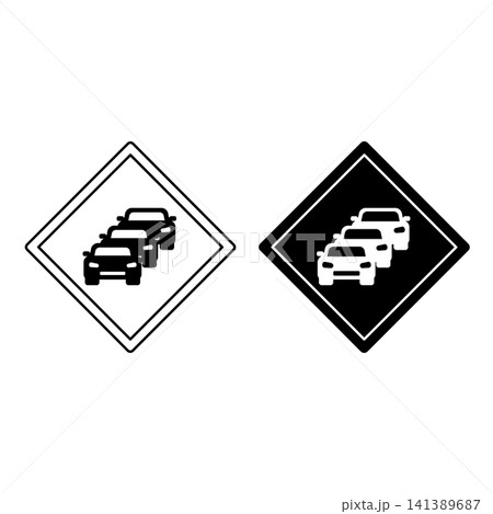 Signs Traffic Jam. Warning Diamond Road Signs. Car Congestion on the Road. Black and White Vector Icons Signs Traffic Jam. Warning Diamond Road Signs. Car Congestion on the Road. Black and White Vector Icons 141389687