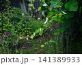 Lush garden scene with vibrant pink flowers and green foliage in soft light 141389933