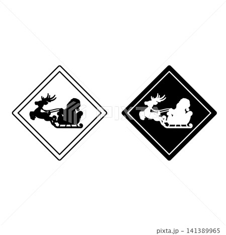 Signs Warning Of Danger Of Crossing Santa Claus Path. Humorous Road Sign, Sticker. Santa In Sleigh Pulled By One Of His Reindeer. Black And White Vector Icons 141389965