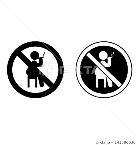 Signs No Smoking. Prohibitory Road Sign, Sticker. Man Sitting On Chair Smoking Cigarette. Black and White Vector Icons Signs No Smoking. Prohibitory Road Sign, Sticker. Man Sitting On Chair Smoking Cigarette. Black and White Vector Icons 141390030