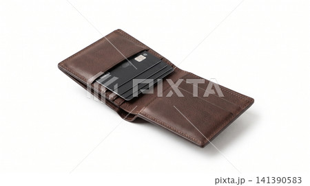 Open brown leather wallet with a black credit card inside business accessory personal transaction purchase shopping lifestyle currency organizer corporate transactional material essential Open brown leather wallet with a black credit card inside business accessory personal transaction purchase shopping lifestyle currency organizer corporate transactional material essential 141390583