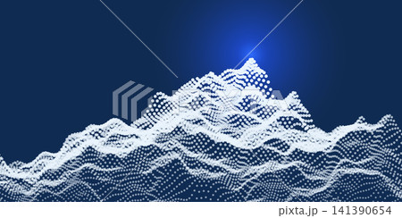 Abstract digital tech success mountain landscape with dot waves on blue background for tech and design projects Abstract digital tech success mountain landscape with dot waves on blue background for tech and design projects 141390654