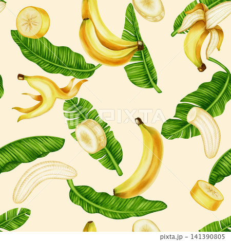 Seamless watercolor pattern with watercolor bananas and lush green palm leaves. Perfect for wallpaper, food packaging, kitchen decor, summer apparel, swimwear design, and luxury home textiles. 141390805