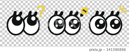 Icon set for worried eyes, inspired eyes, and realizing eyes. Features facial expressions expressed with question marks, lightbulbs, and exclamation marks. Icon set for worried eyes, inspired eyes, and realizing eyes. Features facial expressions expressed with question marks, lightbulbs, and exclamation marks. 141390898