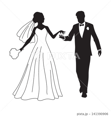 Stylized silhouette of wedding a dancing bride and groom 141390906