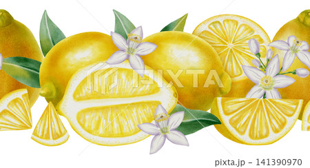 Seamless watercolor border with lemon. Lemon with leaves and flowers. Banner with tropical citrus fruits. Design for kitchen textiles, packaging, cosmetics, textiles, and cards. Seamless watercolor border with lemon. Lemon with leaves and flowers. Banner with tropical citrus fruits. Design for kitchen textiles, packaging, cosmetics, textiles, and cards. 141390970
