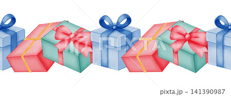 Watercolor seamless border of colorful gift boxes tied with satin ribbons and bows on white background. Holiday decorations for for birthdays, anniversaries, party invitations, children's design Watercolor seamless border of colorful gift boxes tied with satin ribbons and bows on white background. Holiday decorations for for birthdays, anniversaries, party invitations, children's design 141390987