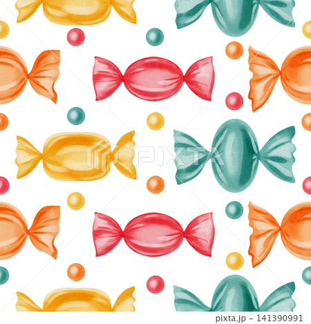 Sweet watercolor seamless pattern with colorful wrapped candies and sweet beads. Hand drawn background for birthday, kids holiday and candy bar, children's design, and card making Sweet watercolor seamless pattern with colorful wrapped candies and sweet beads. Hand drawn background for birthday, kids holiday and candy bar, children's design, and card making 141390991