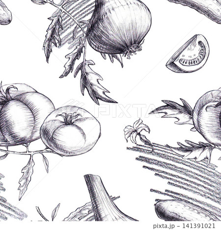 Seamless pattern featuring tomatoes, onion, cucumber, leaves, flowers and texture hand graphite pencil sketch. Isolated botanical food background for organic packaging, fabric art, kitchen textile. Seamless pattern featuring tomatoes, onion, cucumber, leaves, flowers and texture hand graphite pencil sketch. Isolated botanical food background for organic packaging, fabric art, kitchen textile. 141391021