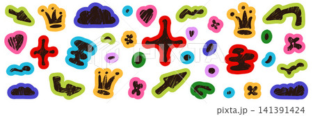 Vibrant collage sticker shapes with crayon doodle scrapbook texture. Hand drawn paper collage arrow, crown, clouds elements and geometric cutout sticker. Vector set of abstract shapes for promo tag Vibrant collage sticker shapes with crayon doodle scrapbook texture. Hand drawn paper collage arrow, crown, clouds elements and geometric cutout sticker. Vector set of abstract shapes for promo tag 141391424
