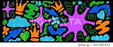 Playful organic shapes with hand drawn doodle figures and vibrant neon crayon elements. Purple green blue crowns hearts clouds with stars on black. Vector set of abstract shapes for kids sticker Playful organic shapes with hand drawn doodle figures and vibrant neon crayon elements. Purple green blue crowns hearts clouds with stars on black. Vector set of abstract shapes for kids sticker 141391425