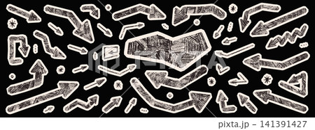 Papercut arrow and bold paper cutout for collage element scrapbook doodle. Cream crayon shape and asterisk dots with chalk texture. Vector papercut arrow set on dark background for school design Papercut arrow and bold paper cutout for collage element scrapbook doodle. Cream crayon shape and asterisk dots with chalk texture. Vector papercut arrow set on dark background for school design 141391427