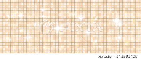 Disco background with playful sparkles for birthday banner or greeting card. Beige tile mosaic background and starburst glow on glamour wall. Vector Christmas disco glitz in champagne caramel tone Disco background with playful sparkles for birthday banner or greeting card. Beige tile mosaic background and starburst glow on glamour wall. Vector Christmas disco glitz in champagne caramel tone 141391429