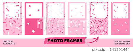 Whimsical frames with confetti cutout border for social media story and post. Girly pink sprinkle, polka dot and donut candy pattern on paper. Vector frame set with sweet cutout borders for birthday Whimsical frames with confetti cutout border for social media story and post. Girly pink sprinkle, polka dot and donut candy pattern on paper. Vector frame set with sweet cutout borders for birthday 141391444